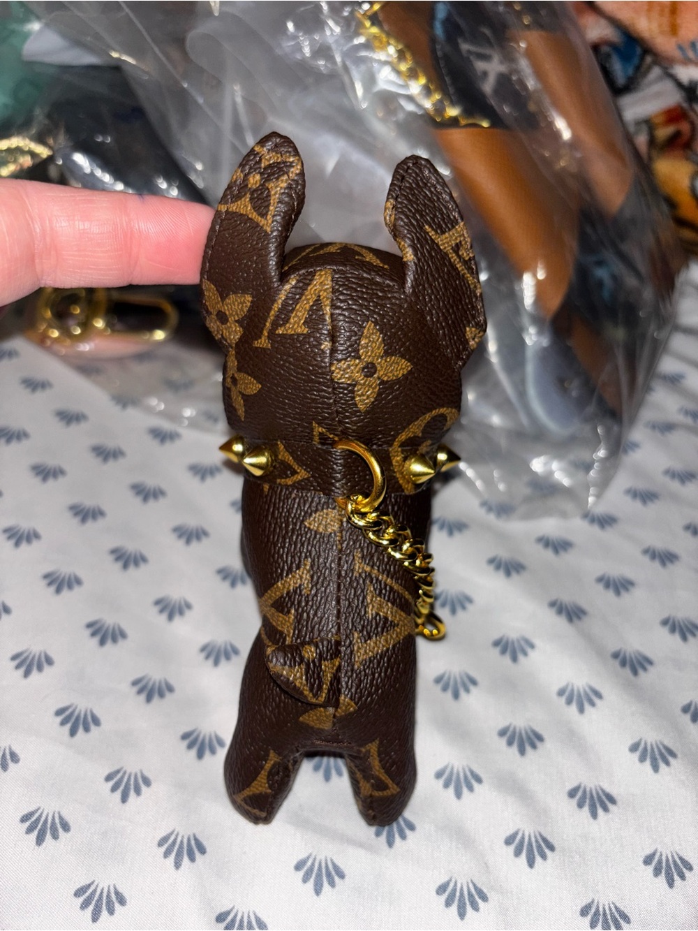New Brown Monogram Dog Key Charm with Gold Studs - Picture 4 of 5